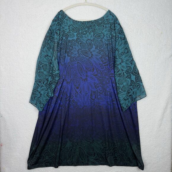 Catherines Midi Shift Dress 5X Tulip Slit Sleeve Ombré Embellishment Neck Boho - Picture 10 of 13